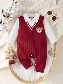Newborn Baby Boy Fashion Patchwork Striped Ribbed Embroidered Bear Applique Basic Polo Collar Front Opening Long Sleeve Bodysuit, Suitable For Daily Wear And Outings - Red - View 3