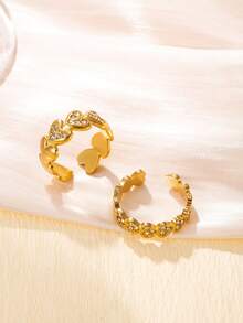 2pcs Sweet & Cool Y2K Fashion Stainless Steel Gold Ring Set, Full Rhinestone Heart Chain Design, Suitable For Women's Daily Wear, Dating, Engagement, Wedding, Holiday, Saudi National Day - Gold - View 4