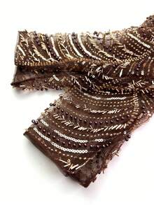 UNITHORSE[Random Cut]Plus Size Women Elegant Stand Collar Straight Long Sleeve Cuff Split Beaded Embroidery Contrast Lace Formal Evening Dress - Coffee Brown - View 6