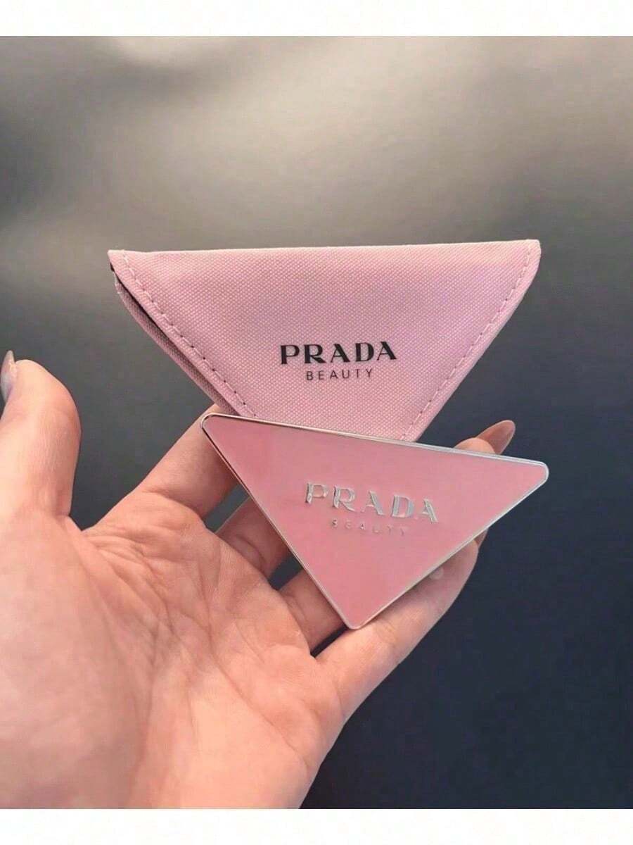 PRADA BEAUTY Pink Triangle Compact Pocket Mirror, Embossed Logo Mini Hand Mirror With Matching Fabric Pouch Portable Makeup Touch‑Up Mirror Luxury Gift For Women PRADA‑GIFT‑11 - Pink - View 1