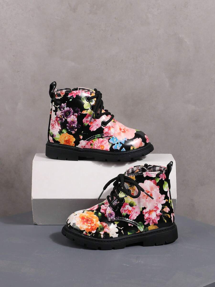 Sepatu Bot Pendek Motif Bunga untuk Anak Perempuan, Bertali, Resleting Samping, Sol Tebal Anti Selip, Motif Bunga Modis - Hitam - View 1