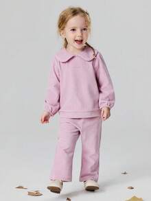 mini bala Autumn Winter Baby Girls Outfit Set Soft Corduroy Collar Top Flared Pants Sweet Daily Matching Look - Pink - View 3