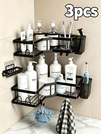 3pcs Bathroom Shower Caddy Set, Wall-Mounted Corner Storage Rack With Soap Holder, Home Bathroom Accessories
