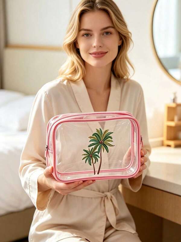 Coconut Tree Pattern Transparent PVC Zipper Cosmetic Bag, Portable Travel Toiletry Makeup Storage Bag, Large Capacity Transparent Travel Toiletry Bag, Suitable For Vacation, Bathroom, Dorm, Summer Beach, Swimming And Travel. Unique Birthday Gift, Travel Souvenir, Teacher's Day Gift, Back To School Essential, Perfect For Dental Care Enthusiasts And Cute Accessory Lovers