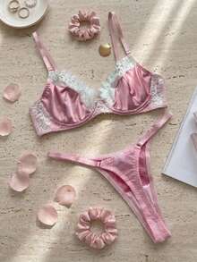 DAZY Women's Satin Lace Lingerie Set, Underwire Bra And Thong, Sweet Floral Eyelash Lace Lingerie - Pink - View 10
