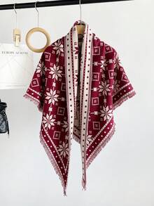 1PcWomen Winter Snowflake Geometric Print Fringe Triangle Shawl, Soft Imitation Cashmere Warm Wrap Scarf, Versatile Outer Cape For Fall Daily Outfit - Multicolor - View 11