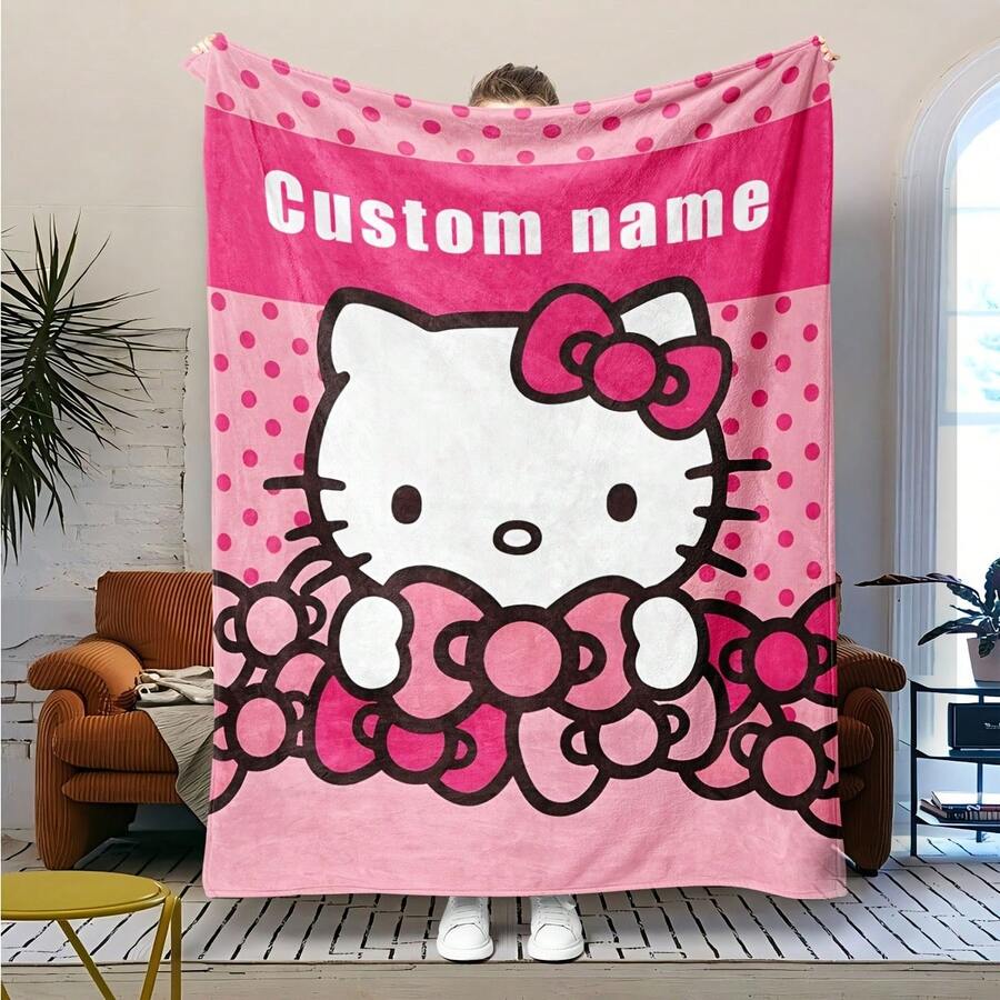 SANRIO 1pc Personalized Flannel Blanket With Cute Cartoon Pattern, Customizable Name Text, Soft And Warm Blanket For Nap, Sofa, Office Bed, Camping Trip, Multi-Functional Gift Cover, Suitable For All Seasons