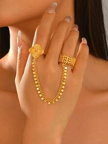 1pc Vintage Floral Double Finger Connected Chain Ring, Wedding Banquet Holiday Accessory - Gold - View 1