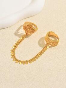 1pc Vintage Floral Double Finger Connected Chain Ring, Wedding Banquet Holiday Accessory - Gold - View 6