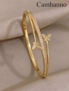 Camhanno 1pc Exquisite Butterfly Design Copper Plated 18K Gold Full Rhinestone Women's Bracelet, High-End Versatile Bracelet Jewelry - Gold - View 2