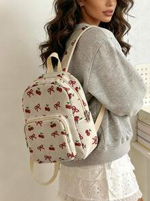 1PC Backpack, Women Mini Backpack, Corduroy Girl School Bag, Travel Storage Bag, Bow‑Pattern Printed Design, Large‑Capacity Foldable Easy‑Storage Bag, Lightweight & Pressure‑Relieving, Multi‑Pocket Layered Design With Zipper Closure - Cherry Bow - View 2