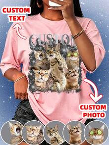 Custom Y2K Plus Size Plus Size Tee, 90s Vintage Photo Print T-Shirt, Custom Portrait Tee With Your Photo & Text,Bulk Sister & Class Custom Tees - Coral Pink - View 1