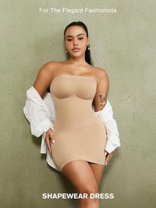 1pc Plus Size Women's Shapewear Abdominal Compression Costume, Flat Tummy Waist Trainer, Butt Lifting Seamless Bodycon Dress - Apricot - View 8