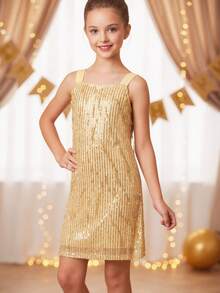 Tween Girl Spaghetti Strap Sequin Fringe Latin Dance Dress Performance Costume Party Dress - Yellow - View 5
