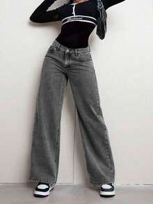 Jeans rectos de cintura baja de unicolor y ajuste holgado para adolescentes - Gris Oscuro - Ver 4