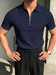 Men's Solid Color Half-Placket Casual Versatile Commuting Short Sleeve Polo Shirt - Navy Blue - View 4