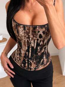 ApperlothPOP Goth Vintage Leopard Print Corset Top Spaghetti Strap Lace Trim Square Neck Boned Shapewear Rave Festival Halloween Outfit Women - Multicolor - View 2