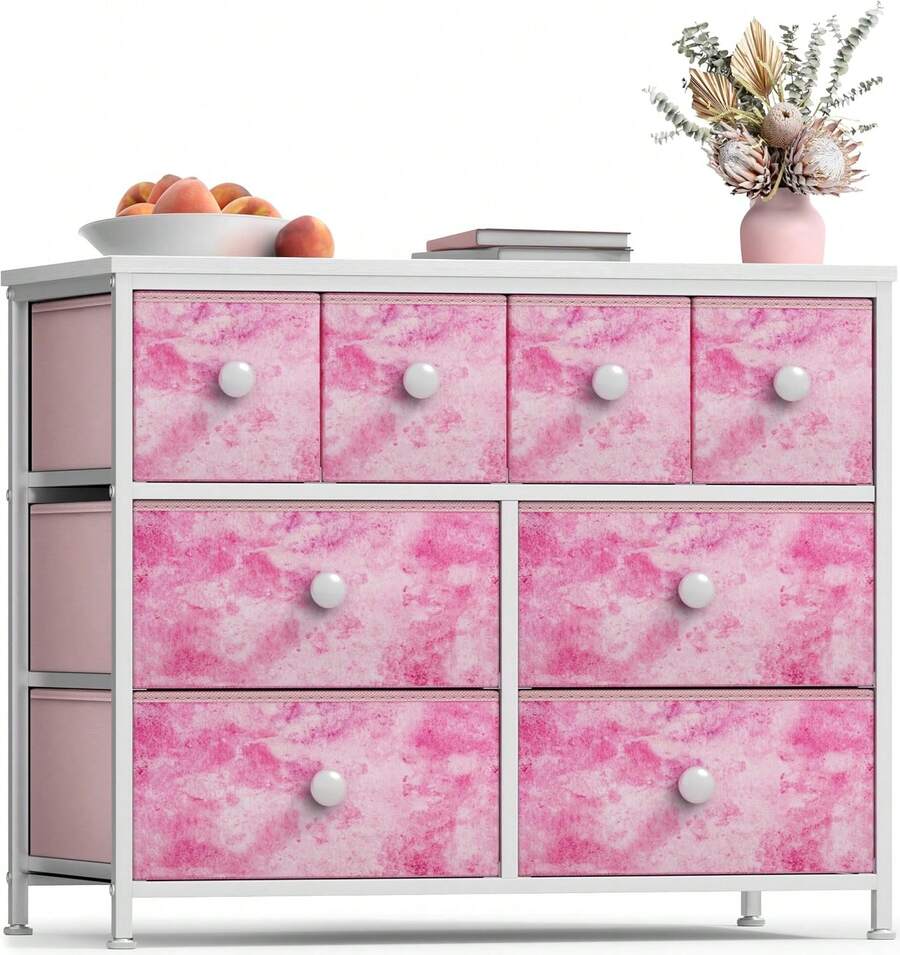 Cómoda de Tela para Dormitorio Infantil - Cajonera de 8 Cajones, Torre de Almacenamiento, Organizador de Ropa, para Armario, Sala de Juegos, Guardería, Estructura de Acero, Contenedores de Tela - Tirador de Perilla (Rosa Tie-Dye) - Rosa - Ver 1