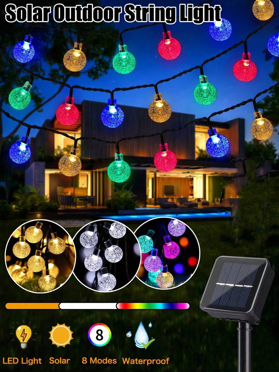 Outdoor Solar Crystal Ball Light String, 20/50/100 LED, IP65 Waterproof Fairy Tale Light, 8 Modes, Automatic On/Off, Suitable For Garden, Courtyard, Party, Wedding, Party, Christmas, Halloween, Holiday Decoration - Purple/Warm White/White/Color