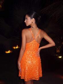 Women's Glamorous Sequin Spaghetti Strap Short Dress, Orange Straight Neckline Mid-Stretch Backless Cinched Waist Flared Skirt, Suitable For Evening Dates, Parties, Music Festivals, Cocktail Events, Homecoming, Birthday Parties, Nightclubs, Bars, Carnivals, Island Vacations, Photo Shoots, New Year's Eve Parties, Theme Dances, Beach - Orange - View 4