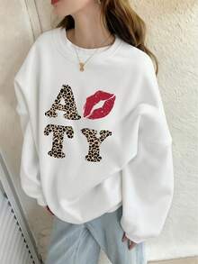 Women's Round Neck Sweatshirt, Autumn/Winter New Lips Pattern & Leopard Print Letter Graphic, Casual Versatile Loose Fit Top, Fashion Daily Wear - White - View 2