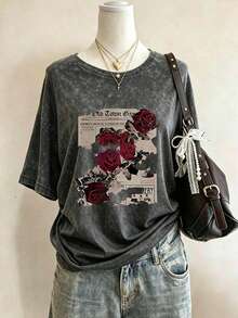 Plus Size Women's Round Neck Rose Print Short Sleeve T-Shirt, Comfortable Top Casual Black Summer - Black - View 1