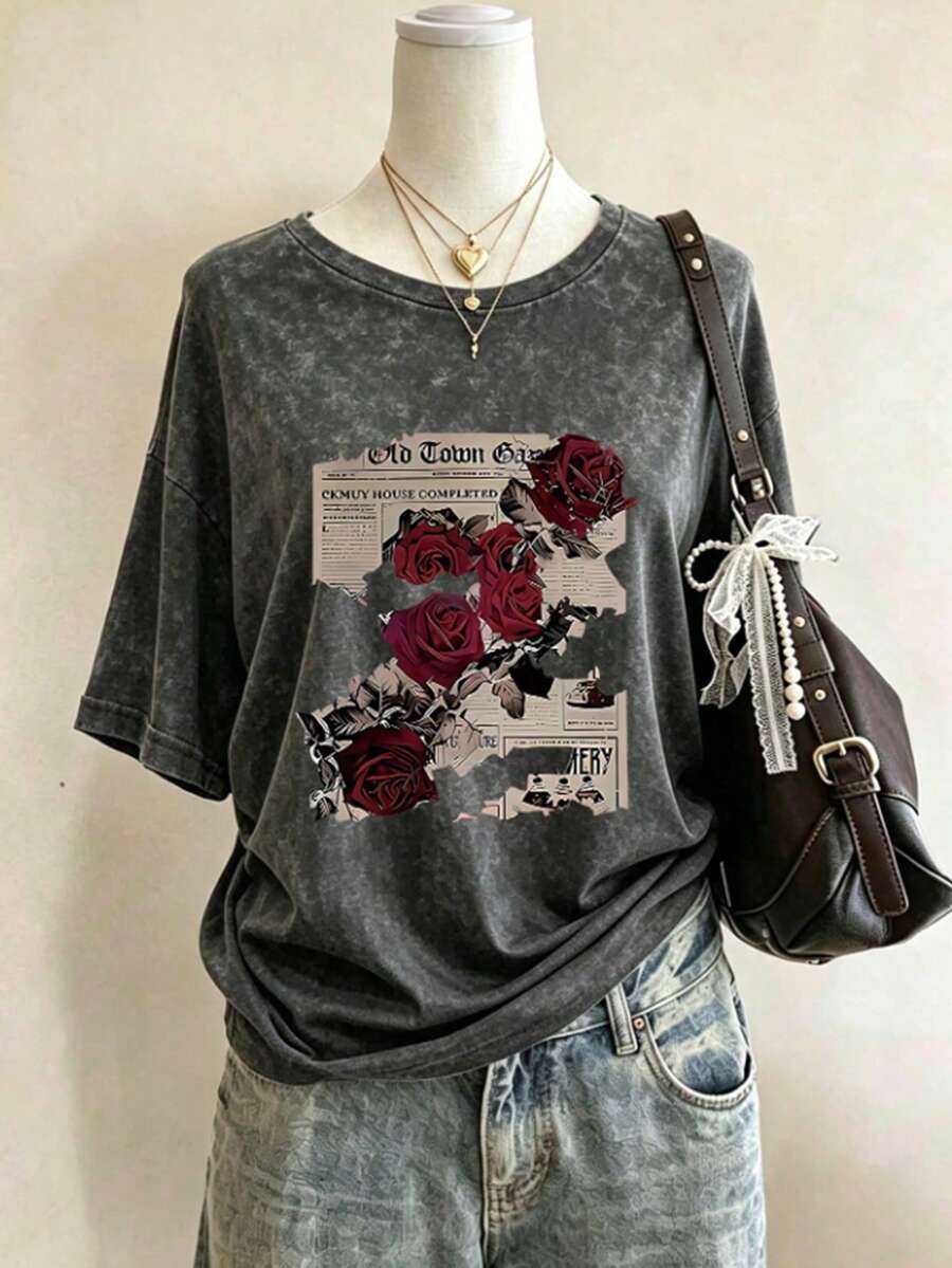 Plus Size Women's Round Neck Rose Print Short Sleeve T-Shirt, Comfortable Top Casual Black Summer - Black - View 1