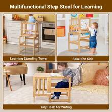 Torre multifuncional 3 en 1 para niños pequeños, taburete de cocina con pizarrón blanca, mesa de computadora y silla, disfruta de un diseño patentado único, CPC, Clase, CE natural - Amarillo - Ver 3