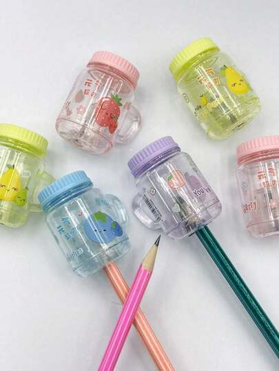 2/3pcs Multi-Color Macaron Mini Water Cup Shaped Pencil Sharpeners, Transparent Body Pencil Sharpener, Fresh Fruit Cartoon Print, Compact And Portable, Highly Attractive Stationery, Suitable For Back To School Daily Pencil Sharpening, Christmas Fun Gift Selection, Halloween Handmade Drawing