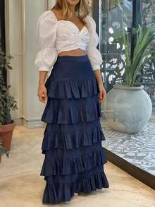 Women's Elegant Fashion Multi-Layer Ruffle Cake A-Line Long Skirt - Blue - View 4