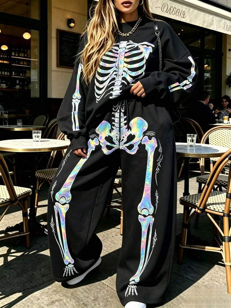 Skeleton 2 Piece Set Women, Fall Winter Halloween Outfits, Vacation Going Out Sweatshirt Wide Leg Pants, 2-Piece Sets For Women
