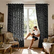 2pcs Black Leopard Print Polyester Semi-Sheer Curtains, Modern All-Season Design, 100% Polyester, Light-Filtering, Rod Pocket Easy To Hang, Suitable For Kitchen, Laundry Room, Bedroom, Study And Living Room - Multicolor - View 5