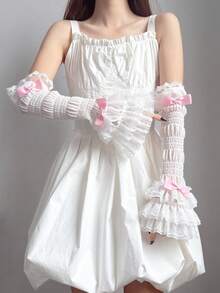 1 Pair Girls Lace Trim Patchwork Arm Sleeves, Ballet Style White & Black Sleeve Covers, Sweet Cute Lolita Bowknot Arm Warmers - Multicolor - View 5
