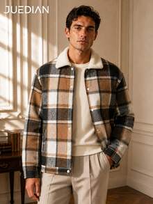 1pc Yellow Plaid Lapel Men's Jacket, Autumn/Winter Men's Outerwear, Vintage Old Money Style, Soft Fur Collar Patchwork Plaid Design, Machine Washable, Daily Commute, Vacation Style, Gentleman Elegant Men's Top - Yellow - View 1