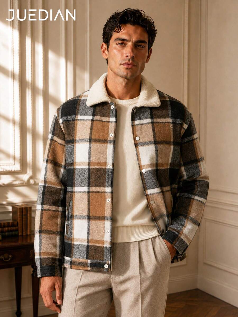 1pc Yellow Plaid Lapel Men's Jacket, Autumn/Winter Men's Outerwear, Vintage Old Money Style, Soft Fur Collar Patchwork Plaid Design, Machine Washable, Daily Commute, Vacation Style, Gentleman Elegant Men's Top - Yellow - View 1