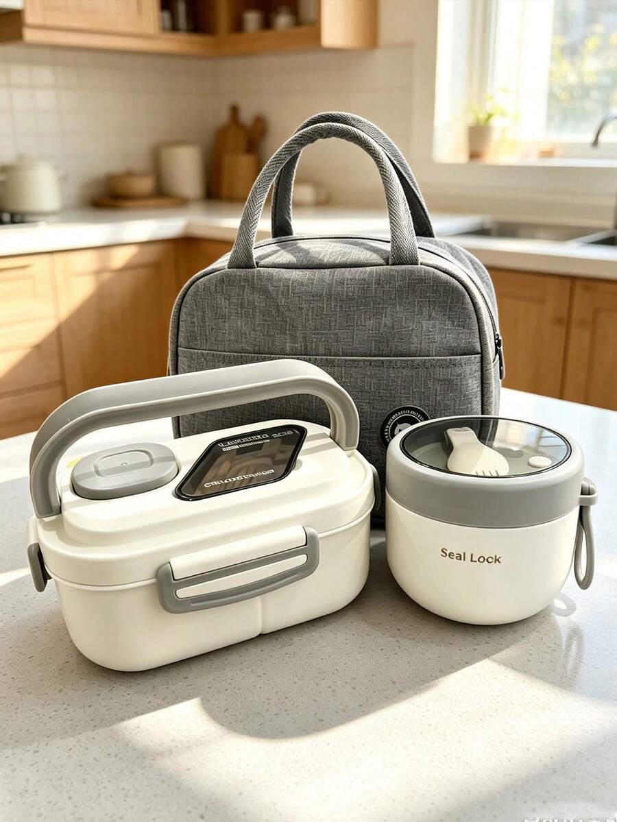 White Divided Lunch Box With Soup Cup, Fork And Spoon, Leak-Proof Sealed, Microwave , Portable Outdoor Picnic Bento Box, Student And Office Worker Lunch Box Set - Multicolor - View 1