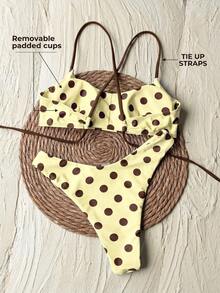 Women's Bikini Swimwear, Casual Patterned Striped Polka Dot Triangle Bikini Top, Vacation Beach Outfit Summer - Light Yellow - View 6