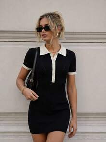 Spring/Summer New Slim Fit Bodycon Mini Dress, American Retro Polo Collar Knit Dress - Black and White - View 2