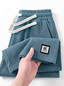 Men's Lightweight Corduroy Shorts With Elastic Waistband, Drawstring And Letter Patch, Casual Vacation Style, Loose Fit With Adjustable Elastic Waistband - Blue - View 1