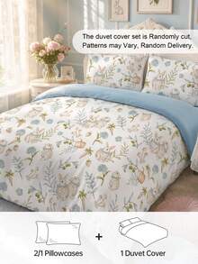 HONEYMOON Rabbit Print Duvet Cover Set (2pcs = 1 Duvet Cover + 1 Pillowcase; 3pcs = 1 Duvet Cover + 2 Pillowcases); 100% Polyester Digital Print Fabric, Soft And Breathable, Wrinkle-Resistant, Pillowcase Does Not Include Pillow Insert (No Comforter); Suitable For Home And Dorm, T F Q K Sizes - Multicolor - View 2