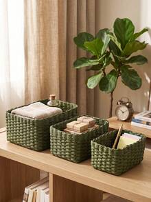 1pc/3pcs Handwoven Storage Baskets Set, Paper Rope Baskets For Home Organization, Suitable For Living Room, Bedroom, Cabinet, Office, Home Decor, Farmhouse Decor (Small + Medium + Large), Shelf Baskets, & Valentine's Day Decor - Army Green - View 2