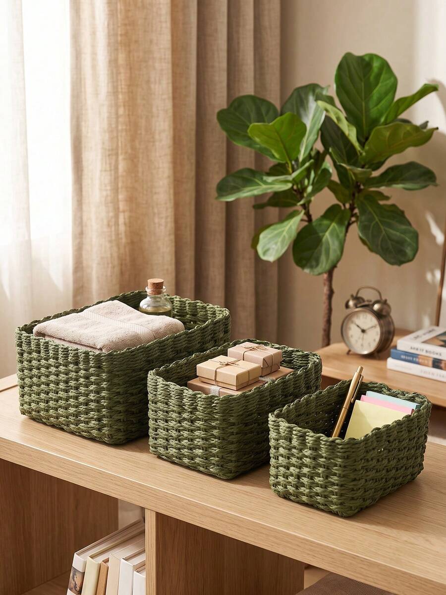 1pc/3pcs Handwoven Storage Baskets Set, Paper Rope Baskets For Home Organization, Suitable For Living Room, Bedroom, Cabinet, Office, Home Decor, Farmhouse Decor (Small + Medium + Large), Shelf Baskets, & Valentine's Day Decor