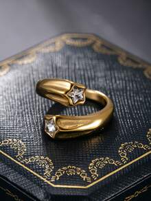 Hipoem 1pc Cast Old Money Style Stainless Steel Star Zirconia Open Adjustable Ring, Men's Daily Dating Outfit Accessory - Gold - View 7