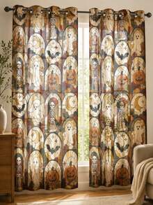 NOSBEI 2PCS Grommet Panels + 3PCS Rod Pocket Kitchen Set, Halloween Stained Glass Ghost, Skeleton And Pumpkin Faux Linen Curtains, Light Filtering Valance And Tiers, Gothic Decor - Multicolor - View 18
