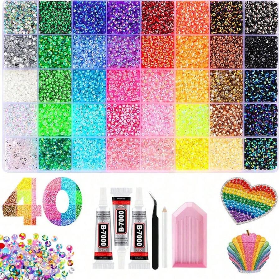 32,000顆/40色平底水鑽套組，多色手工寶石DIY套件，附取鑽筆與鑷子，適用於服飾、鞋子、閃亮飾品，彩色混色盤