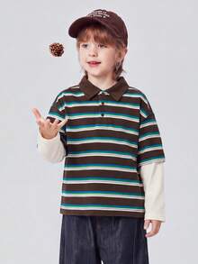 mini bala Autumn Unisex Kids 2 In 1 Polo Tee Striped Collar Stylish Versatile Long Sleeve Top - Red and Blue Hues - View 2