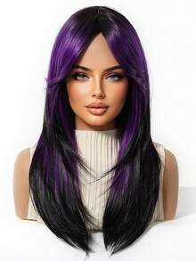 Topshe 20 Inch Black With Purple Highlights Straight Layered Wig, Face-Framing Curtain Bangs, Synthetic Hair, Natural Silky Straight Texture, Heat-Resistant Fiber, Adjustable Breathable Wig Cap, Avant-Garde Deep Purple Highlights Wig, Suitable For Gothic Style Cosplay And Party Looks - Purple - View 4