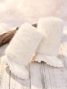 1 Pair Girls' Faux Fur High-Top Snow Boots, Solid Color PU Material, Round Toe, Elastic Soft Sole, Back Zipper Design, Fashion Princess Style, Warm Lining, Suitable For Daily Outdoor Wear, Autumn/Winter New Arrival - Beige - View 2