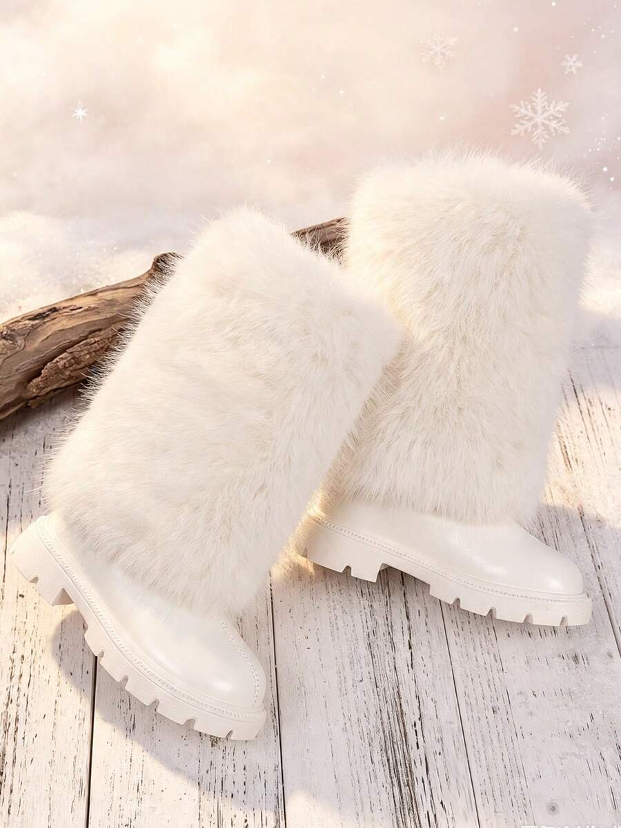 1 Pair Girls' Faux Fur High-Top Snow Boots, Solid Color PU Material, Round Toe, Elastic Soft Sole, Back Zipper Design, Fashion Princess Style, Warm Lining, Suitable For Daily Outdoor Wear, Autumn/Winter New Arrival