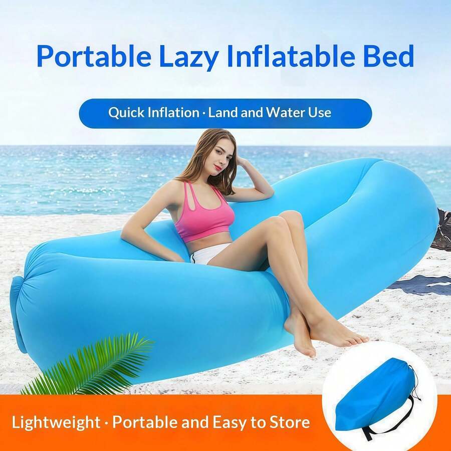 1pc Portable Quick Inflatable Lazy Sofa Bed, Lightweight Waterproof Air Lounger For Land & Water Use, Easy To Store Outdoor Inflatable Couch For Beach Camping Pool Picnic Travel - Multicolor - View 1